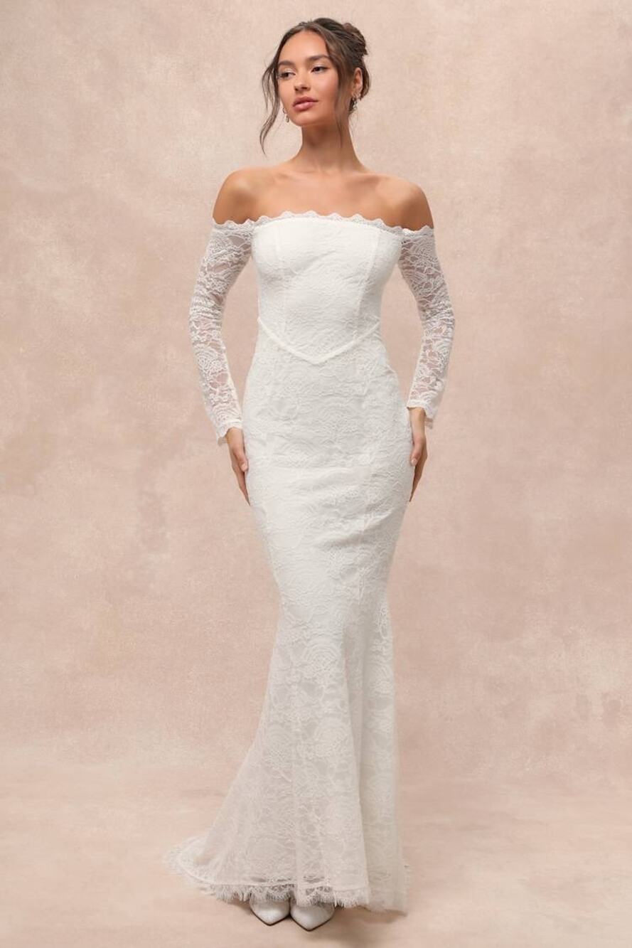 Lulus Beloved Promise White Lace Off-the-Shoulder Mermaid Maxi Dress XL NWT